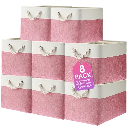 meekoo 8 Pack Collapsible Storage Bins Fabric Storage Bins Polyester Fabric Baskets with Handles Linen Closet Organizer for Shelf Home Closet Towels Toys(15 x 11 x 9.5 in,Pink White) - color: Pink White, size: 15 x 11 x 9.5 In