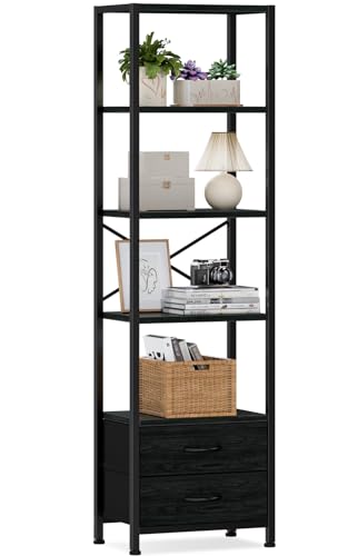 Furnulem 5-Tier Corner Shelf, Narrow Bookshelf with 2 Storage Drawers, 65.16" Tall Bookcase, Standing Shelf Organizer Unit for Living Room, Bedroom, Metal Frame, Wood Display Shelf(Black Oak) - color: Black Oak, size: 5 Tier