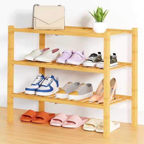 Smiry Shoe Rack, 3 Tier Thick Bamboo Shoe Organizer, Stackable Free Standing Wooden Shoe Storage Shelf for Closet, Entryway, Front Door Entrance, Natural - color: Natural, size: 26.80" Wide - 3 Tier - Thicker