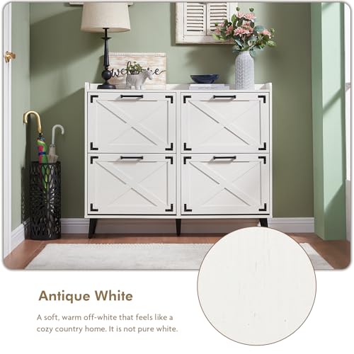 Barnyatoh Shoe Storage Cabinet,Farmhouse Shoe Organizer with 4 Flip Drawers & Barn Door Design,Freestanding Hidden Slim Narrow Shoe Rack Cabinet for Entryway,Foyer,Hallway,Antique White - color: Antique White, size: 4-Drawers