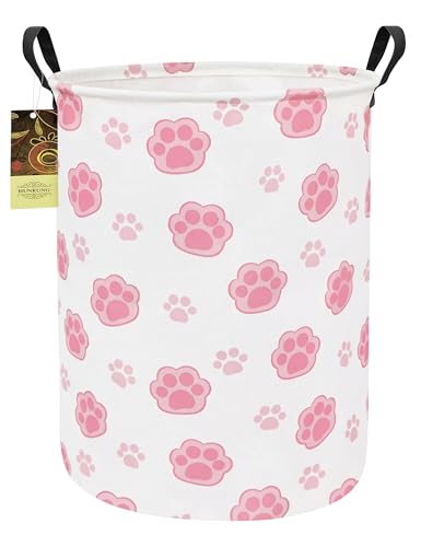 Collapsible Fabric Storage Basket, Waterproof Laundry Hamper with Handles, Round Storage Bin for Clothes Toys, Foldable Organizer for Bedroom Nursery Bathroom(Round-Pink Paw) - color: Round-Pink Paw