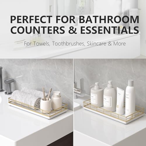 Toilet Paper Basket Organizer – Oak Wood Toilet Tank Tray with Metal Frame, Bathroom Counter Top Storage for Toilet Paper, Wipes & Decor, Modern Narrow Back of Tank Shelf Organizer, Gold & White - color: Gold & White, size: 13" x 6.5" x 2"