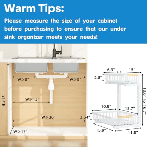 2Pcs Under Sink Organizer, Adjustable Under Sink Organizers and Storage, 2-Tier Pull Out Under Kitchen Sink Organizer, Sliding Out Metal Under Bathroom Sink Organizer for Kitchen Pantry White - color: White
