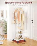 Sakugi Heavy Duty Premium Clothes Rack with 2-Tier Mesh Shoe Shelves & 4 Hooks, Lockable Wheels, Space-Saving, Multi-Functional for Bedroom, Entryway, Closet, Modern Design, 18.4" x 12.6" x 72", White - color: White