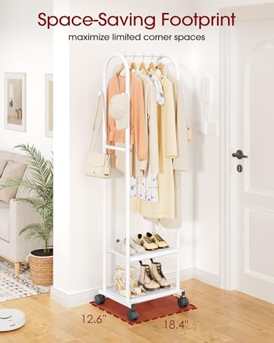 Sakugi Heavy Duty Premium Clothes Rack with 2-Tier Mesh Shoe Shelves & 4 Hooks, Lockable Wheels, Space-Saving, Multi-Functional for Bedroom, Entryway, Closet, Modern Design, 18.4" x 12.6" x 72", White - color: White