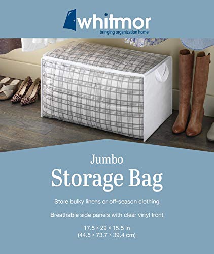 Whitmor Zippered Jumbo Storage Bag, Extra Large 34 Gallon (29"x17.5"x15.5"), Breathable Non-Woven Organizer with Clear Window, Big Moving Bag for Blankets, Clothing, Closet Organization, White - size: 1 EA
