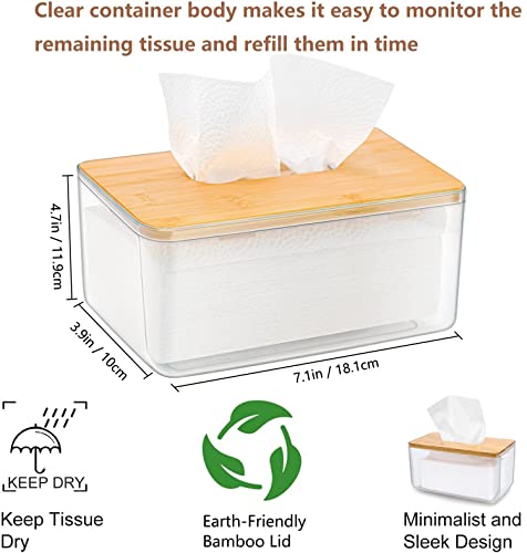 Clear Tissue Holder, Acrylic Dryer Sheet Dispenser Box with Bamboo Lid, Transparent Container, Minimalist Design. Tissue Organizer for Laundry, Living Room, Bathroom, Bedroom, Medium Size