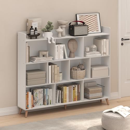 Furinno Claude Book Shelf, 10-Cube Mid Century Style Bookshelf, Bookcase, Storage Organizer with Wood Legs, 9.4" x 55.1" x 45.1", for Living Room, Bedroom, Home Office, White - color: White, size: Mid Century, 10-Cube
