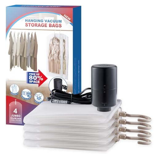 Hanging Vacuum Storage Bags, 4 Pack Hanging Storage Bags for Clothes With Electric Pump, Vacuum Sealed for Suits, Dress, Jackets (4 Long) - size: 4-Long-Epump