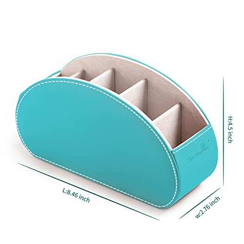 Remote Control Holders Organizer Box with 5 Compartment PU Leather Multi-functional Office Desk Storage Caddy Store Tv Remote for Media Player,Brush,Pencil,Glassees&Office Supplies (Lake Blue) - color: Lake Blue, size: S