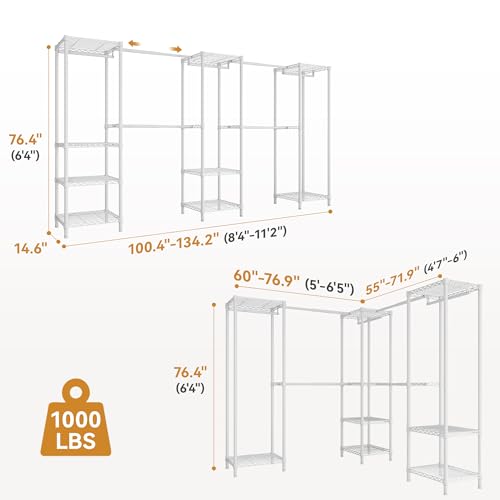 M2 Heavy Duty Clothes Rack, Expandable Large Clothing Rack from 8'4"-11'2", Closet Organizer System for Reach-in Closet, White Wardrobe Closet with Extended Hanging Rods, Max Load 1000LBS - color: White