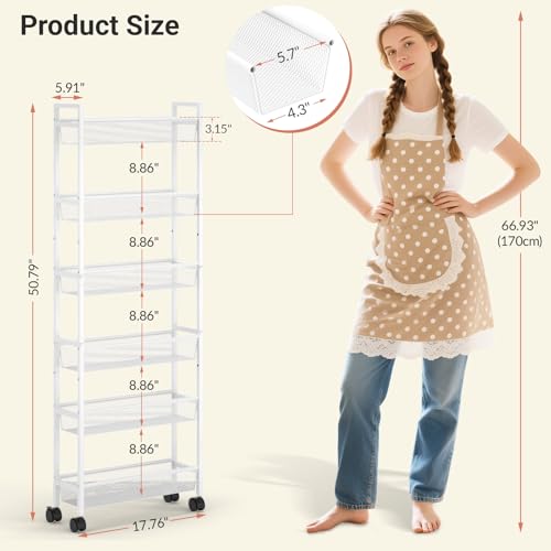ThreeHio 6 Tier Slim Storage Cart, Narrow Cart with Wheels, Metal Mobile Shelving Unit Organizer for Bathroom, Kitchen, Laundry Room, Living Room & Narrow Spaces, White, 6in(W) - color: White, size: 6 Tier(6 inches)