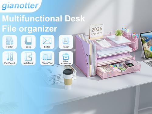 gianotter Desk Organizers and Accessories with File Holder, 4-Tier Desk Accessories & Workspace Organizers with Drawer and 2 Pen Holder, Paper Organizer for Office Supplies (Pink) - color: Pink
