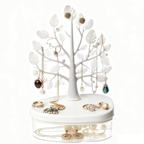 OULIGET Jewelry Display Tree Necklace Earring Organizer Holder,Tree Tower Rack with Storage Box Drawer,Double Shelf Hanging Organizer for Ring Earrings Necklace Bracelet Key - color: White Double