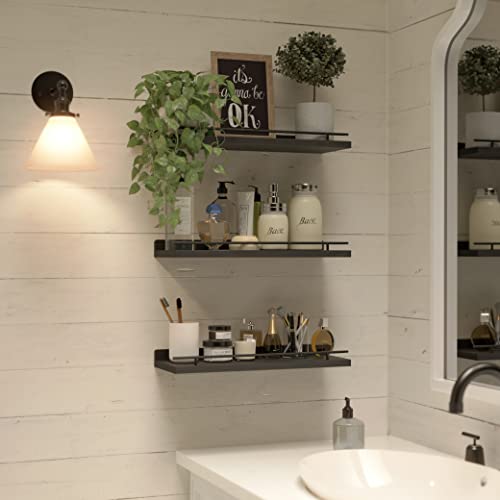 WOPITUES Floating Shelves with Black Metal Guardrail, Shelves for Wall Decor Set of 3, Wall Shelves for Bedroom, Bathroom, Kitchen, Living Room, Plants, Picture Frames, Art- Black - color: Black, size: 15.7 inch