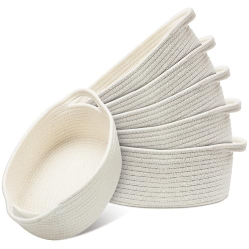 6 Pcs Small Woven Basket 12 x 8 x 5 Empty Gift, Cotton Rope Storage, Decorative Dog Cat, Cute Oval Basket for Bedroom Living Room Organizing(White) - color: White