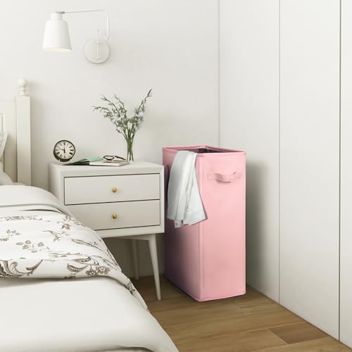 Chrislley 45L Slim Laundry Hamper Narrow Laundry Basket with Handle Foldable Dirty Clothes Portable Skinny Hamper Organizer Storage Bins (22 inches, pink) - color: pink, size: 45l(14.96"l x 8"w x 21.65"h)