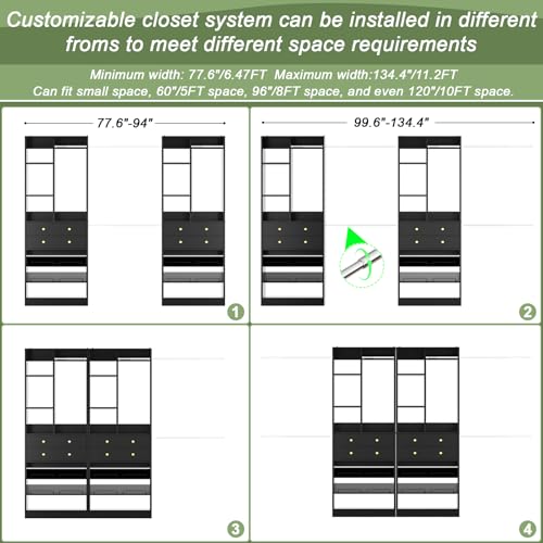 Besiost Closet System, Up to 134"/11.2 FT Closet Organizer with 4 Wooden Drawers and Shelves, Walk-in Closet System with 6 Hanging Rods, Built-in Closet Can Fit 96"/8FT, 120"/10FT, Black - color: Black, size: Style A: 77.6"—134"(W)