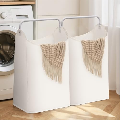STORAGE MANIAC 2 Pack Large Laundry Hamper with Sturdy Metal Handle, Collapsible Laundry Basket, Freestanding Waterproof Clothes Hamper for Laundry Room, Bedroom, Dorm, Towels, Toys, White - color: White, size: 2 Pack