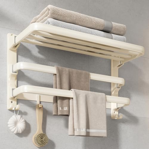 VOLDRA Towel Racks for Bathroom, 24-Inch Towel Shelf with 2 Towel Bar Foldable Towel Holder with 7 Hooks Towel Storage Organizer for Bathroom & Lavatory Wall Mounted(Milky White) - color: Milky White, size: Extra 2 towel bar