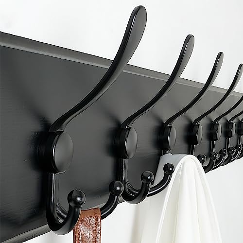 SKOLOO Coat Rack Wall Mounted - 38.3'' Long, Wooden, Heavy Duty, Rustic Coat Hooks for Wall, 16'' Hole to Hole, Wall Coat Rack with 10 Triple Hooks for Hanging Clothes, Jacket, Hat(Black) - color: Black Plate & Black Hook, size: 1 Item-10 Hooks