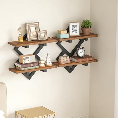HOOBRO 15" Floating Shelves for Wall, Set of 2 Wall shelf, 2-Tier Hanging Shelves, Wall Mounted Storage Shelf, Display Rack, for Living Room Bedroom Kitchen Bathroom, Rustic Brown and Black BF14BJP201 - color: Rustic Brown + Black