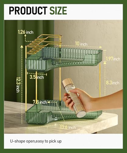 EUHOME 2-Tier Corner Bathroom Counter Organizer Makeup Cosmetic Storage, Tool-Free Installation Acrylic Vanity Shelf, Skin Care Organizer Perfume Tray for Countertop Bathroom, Dresser, Kitchen (Green) - color: Green, size: 9" x 9" x 11.8"