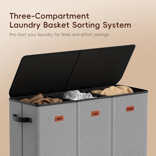 185L Laundry Hamper 3 Section, Laundry Hamper with Lid, Dirty Clothes Hamper with 3 Removable Washing Bags, Extra Large Laundry Basket Organizer for Bedroom, Laundry Room, Dorm - Gray - color: Grey, size: 185L - 3 Section