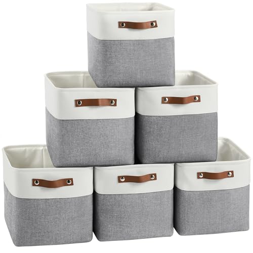 FinishingBo Cube Storage Baskets 6 Pack, 11x11 inch Cube Storage Bins with Leather Handles for Shelf Closet (White/ Gray) - color: White/ Gray