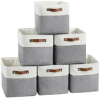 FinishingBo Cube Storage Baskets 6 Pack, 11x11 inch Cube Storage Bins with Leather Handles for Shelf Closet (White/ Gray) - color: White/ Gray