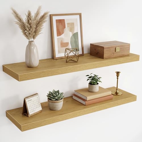 36 Inch Black Floating Shelves for Wall,9.3" Deep Long Floating Shelf Set of 2,Wood Wall Mounted Shelves Farmhouse Home Decor,Wall Storage Shelf for Bathroom Bedroom Living Room Kitchen Office,Oak - color: Oak, size: 36 Inch,Set of 2