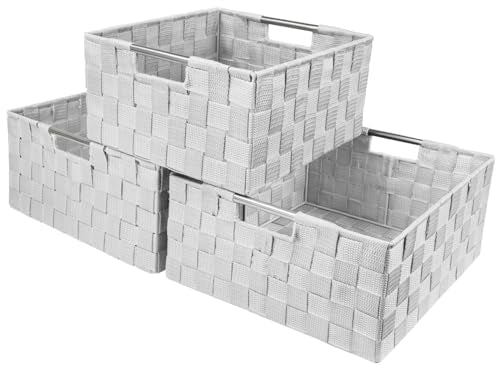 Sorbus Storage Box Woven Basket Bin Container Tote Cube Organizer Set Stackable Storage Basket Woven Strap Shelf Organizer Built-In Carry Handles (White) - color: White
