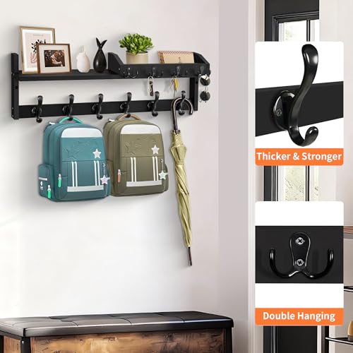Coat Rack Wall Mount with Shelf, 27.5" Entryway Wall Hanging Shelf, Coat and Key Hanger with 10 Dual Hooks, Mail Organizer and Key Holder Hat Rack for Wall, Wood Coat Hooks with Storage - color: Black