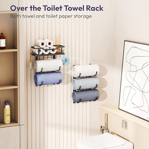 SWTYMIKI Over the Door Towel Rack - 6 Tier Towel Racks for Bathroom Wall Mounted, Towel Holder with Shelf, Hanging Rolled Towel Storage Organizer for Small Bathroom, Camper, RV, Black - color: Black, size: 6 Tier