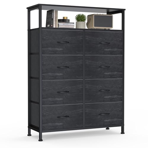DUMOS Fabric Dresser for Bedroom with 8 Drawers, Tall 8-Drawer Chest of Drawers with Raised Shelf, Storage Tower with Fabric Bins for Closet Organization, Hallway Storage, Black Wood Grain Print - color: Black Wood Grain Print, size: 31.5"D x 45.9"W x 11.