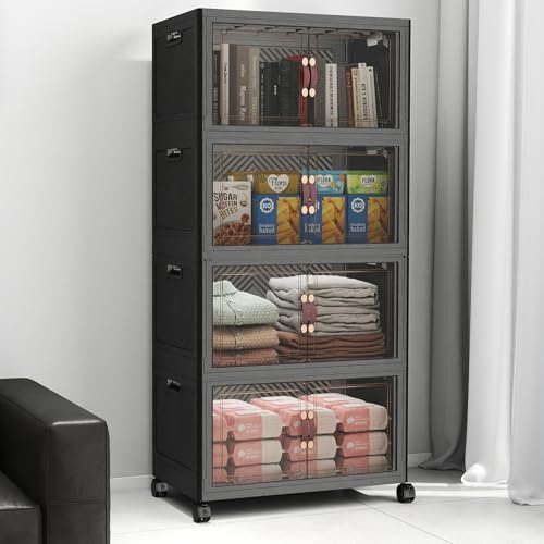 UAMFURI Stackable Storage Bins with Lids, 192QT Closet Organizers, Lockable Storage Cabinet，Foldable Storage Box with Doors and Wheels, Plastic Drawers for Home, Garage, Office (4, Black, Medium) - color: Black, size: Medium