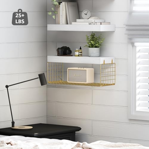 QEEIG Bathroom Shelves Over Toilet - Wall Mounted Floating Shelves Toilet Paper Storage Small Modern Decor Shelf 16 inch Set of 2, White and Gold (019-WG2) - color: G. White & Gold, size: 2pcs
