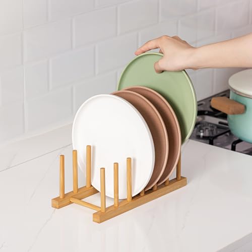 HBlife Bamboo Dish Plate Bowl Cup Book Pot Lid Cutting Board Drying Rack Stand Drainer Storage Holder Organizer Kitchen Cabinet（Keep Dry） - color: Bamboo 6 Slots 1pcs