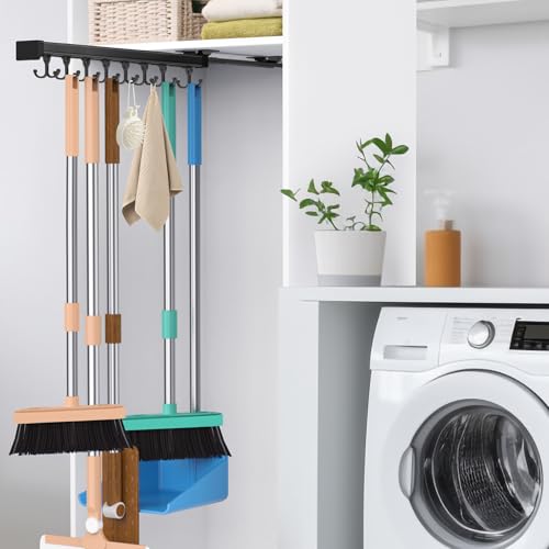 Pull Out Broom Holder With Adjustable Double Row Sliding Hook, Multifunctional Slide Broom And Mop Storage/Organizer Garage Organization Hooks, for Closet Laundry Garage Cupboard - 46cm/18.11inch - color: Black, size: 18.11 inches
