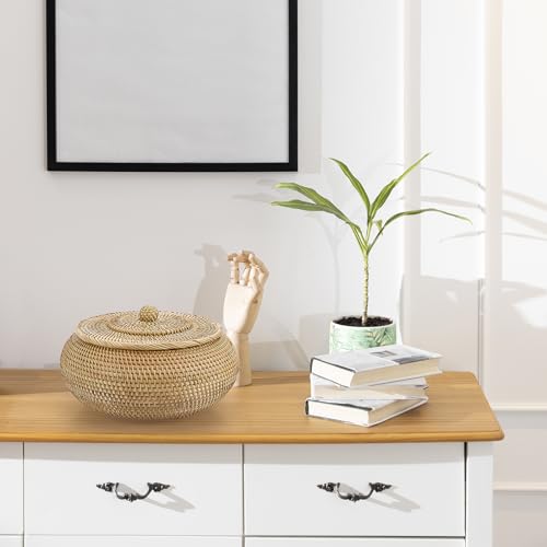 Hipiwe Round Rattan Boxes with Lid Natural Woven Storage Basket Bin Multi-Purpose Wicker Tray Weaving Decorative Shelf Basket Farmhouse Picnic Bread Fruit Table Storage Basket - size: Large，8.9"D x 4.7"H