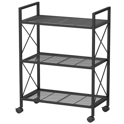 SONGMICS 3-Tier Metal Storage Rack with Wheels, Mesh Shelving Unit with X Side Frames, 23.6-Inch Width, for Entryway, Kitchen, Living Room, Bathroom, Industrial Style, Black UBSC163B01 - color: Black, size: 23.6"W