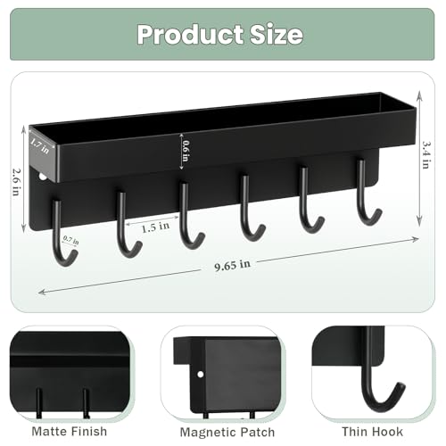 Magnetic Key Holder Wall Mount, Small Metal Key Rack with Tray, 9.6 Inch, 6 Hooks, 2 Installation Options, Black - color: Black