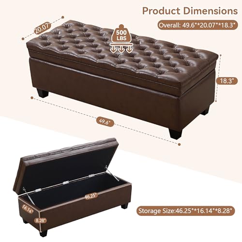 WUTUTUEE 50" Faux Leather Storage Ottoman Bench, End of Bed Upholstered Rectangle Storage Ottoman Tufted Living Room Bedroom Bench with Safety Hinge, Solid Wood Legs, Loads 500 lb(Dark Rrown) - color: Dark Brown