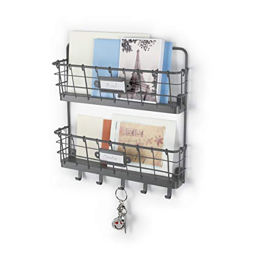 Spectrum Mail and Key Organizer for Wall, Vintage 2-Tier Mail Holder for Wall with 5 Key Hooks, Farmhouse Entryway Key and Mail Holder, Hanging Mail Organizer Rack for Letters Bills, Industrial Gray - color: Industrial Gray