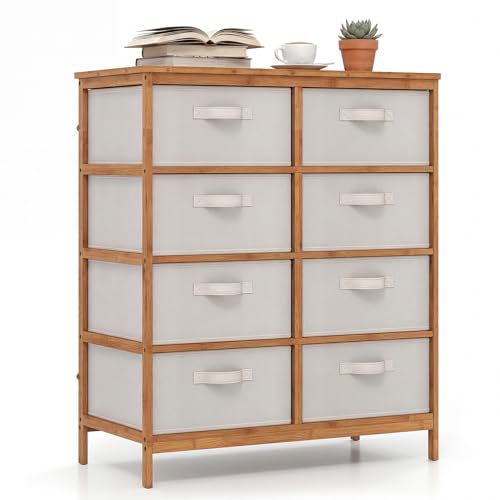 LOKO Fabric Dresser with 8 Drawers, Bamboo Storage Tower with Foldable Drawers & Top Shelf, Modern Chest of Drawers, Tall Vertical Organizer Unit for Closet, Living Room, Bedroom, Hallway - size: 16"D x 31.5"W x 37"H (8 Drawers)