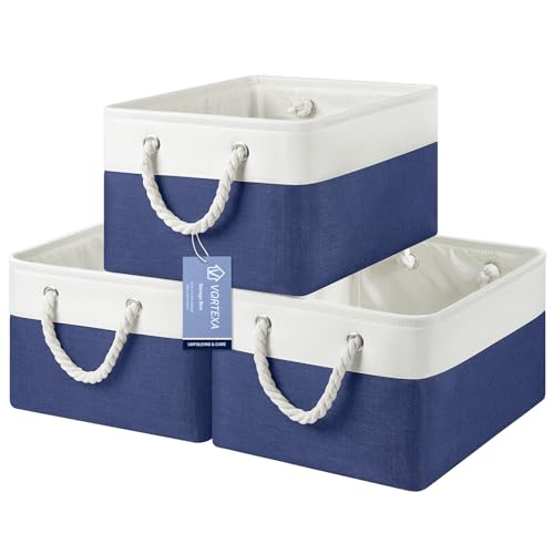 Large Storage Baskets- 15.7x11.8x8.26 inch Storage Bins for Shelves and Closet Organizing, Foldable Fabric Bin for Home Organization Clothes and Laundry (3-Pack, White&Blue) - color: WhiteBlue, size: 15.7inX11.8inX8.26in-3P