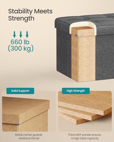 SONGMICS MAZIE Collection - 30 Inches Folding Storage Ottoman Bench, Ottoman Foot Rest, End of Bed Bench, Storage Chest, Load 660 lb, for Living Room, Bedroom, Entryway, Dark Gray ULSF47K - color: Dark Gray, size: 15"D x 30"W x 15"H