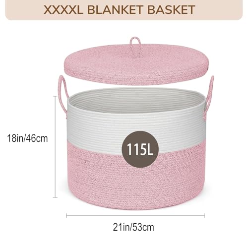 21" x 18" Extra Large storage baskets,Eco-friendly Decorative blanket basket with lid for Living room,rope baskets with lid,wicker hamper for bedroom,Big,Round,Pink 115L - color: White & Pink