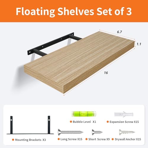 Upassion Floating Shelves for Wall Set of 3, 16" Light Brown Wood Wall Shelves for Home Decor, Frame Display Floating Shelf for Living Room, Bedroom, Bathroom, Kitchen - color: Light Ash, size: 16 Inch