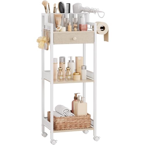 3 Tier Bathroom Shelf with Drawer, 12.8in Large Floor Makeup Organizers Cosmetics Display Cases Holder for Hair Tool, Skincare, Kitchen, Bathroom, Laundry Room Organization - color: 12.8“ White With Drawer